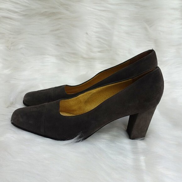 Authentic FENDI Vintage SCARPE Pumps Brown SUEDE Leather Stacked HEELS w/ LOGO! - Picture 3 of 11